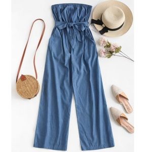 Chambray Pocket Bandeau Jumpsuit denim blue